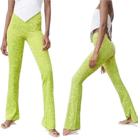 Zara high waisted stretch pants. Green and yellow macaroni pattern. Size XS - Picture 1 of 6